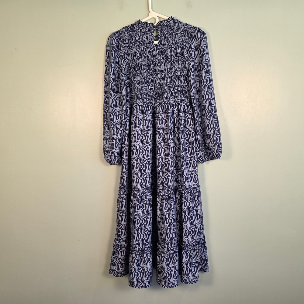 Simply Southern Geometric Print Smocked Tiers Midi Dress Navy Blue Long Sleeve M - Picture 2 of 8